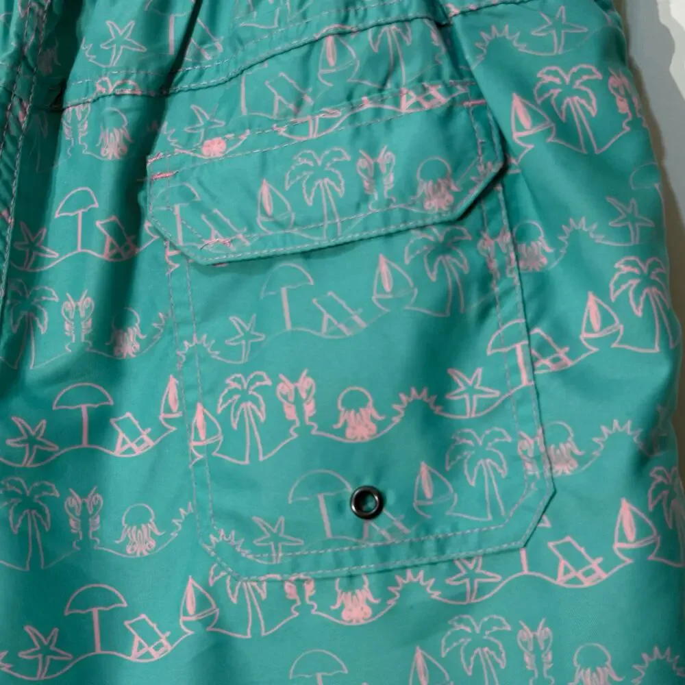 Beach Bros Swim Trunks / Shorts Teal Green with Pink Graphics, Men's Size M